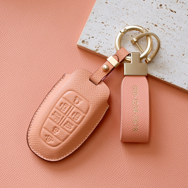 (무료각인)트니르 현대 호환 쏘나타DN8 더뉴그랜저 더뉴싼타페TM 더올뉴투싼NX4 넥쏘 스타리아 더뉴팰리세이드 차 키케이스 가죽 + 키링 차량용품 키홀더, 현대A타입(7버튼), 피치핑크