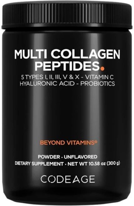 Codeage 콜라겐 펩타이드 코데이지 멀티 파우더 + 프로바이오틱스 블랙 에디션 비타민 C 히알루론산 보충제 잔디 공급 가수분해 제로 탄수화물 타입 I II III, 300g - 쿠팡