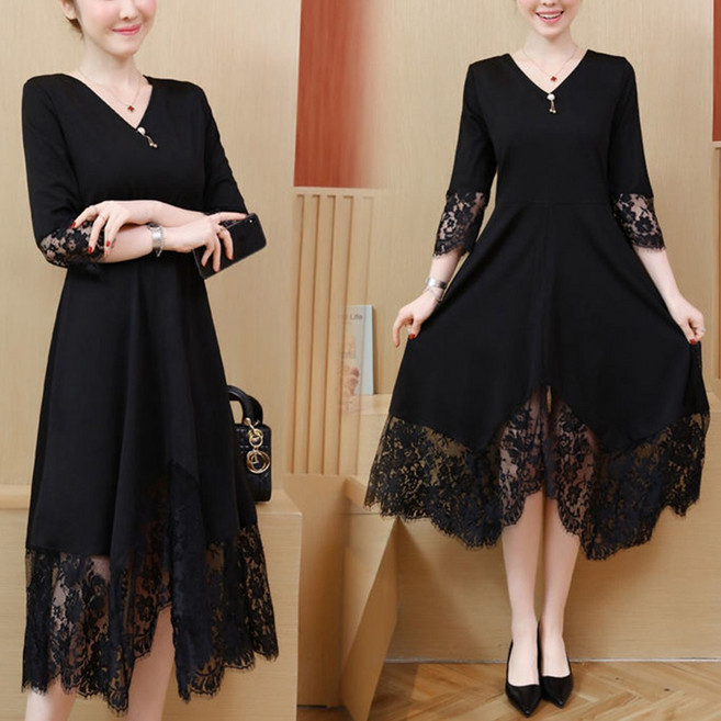 TKX 중년여성 원피스 레이스 가을 겨울 V넥 슬림핏 복고풍 미디원피스 오버핏 KS97