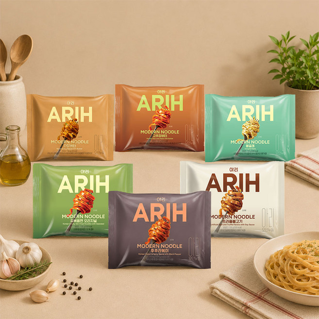ARIH 아리 모던누들 봉지면 24개입 A세트 (봉골레 4개 + 후추라볶이 4개 + 고추장버터 4개 + 간장버터 4개 + 트러플 불고기 4개 + 김볶음면 오리지널 4개)