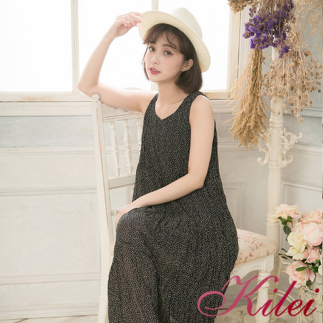 【Kilei】女裝點點印花雪紡無袖背心長洋裝XA4126 (共2色) 全尺碼, 黑底白點