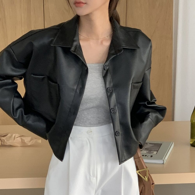 IBOY UGIRL XU0368C 여성 크롭 레더 가죽 자켓 카라 셔츠핏 레더 자켓