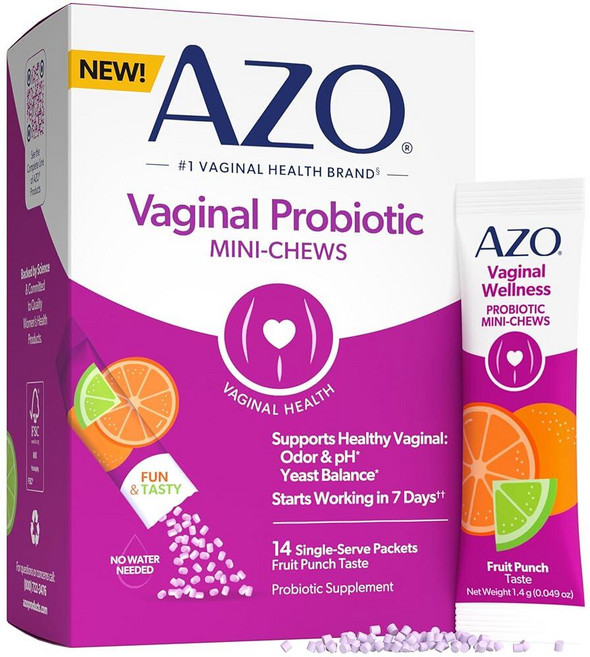 AZO 여성용 질 프로바이오틱 미니 츄 건강한 냄새 식물 효모 균형 및 pH* 맛있는 과일 펀치 맛 14개입 228629, AZO 여성용 질 프로바이오틱 미니 츄 건강한 냄새 식, 1.4g