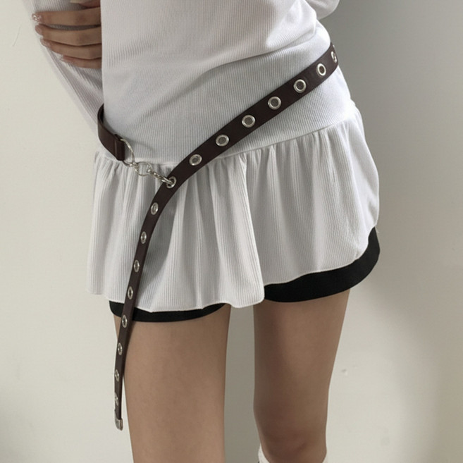 블루씨티 프랙처 아일렛 레더 가죽 스트랩 버클 롱 벨트