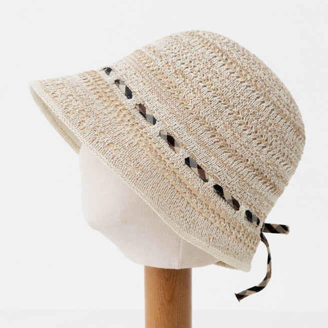 지사 체크 리본 여성 여름 벙거지 모자