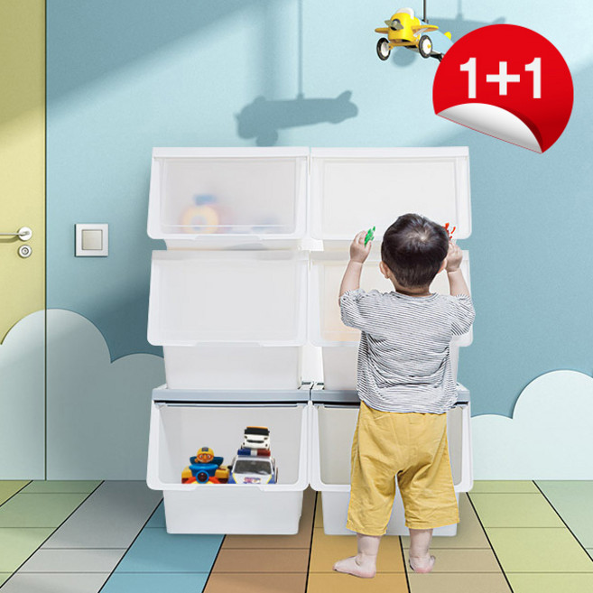[국내생산] 1+1 슬라이딩 리빙박스 기저귀 장난감 정리함, 그레이, 1세트, 슬라이딩-그레이/1+1대형 (총2개)