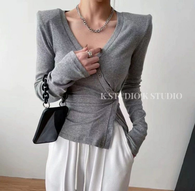 어깨패드 언밸런스 티셔츠 브이넥 긴팔티 반팔 슬림핏 여성 레이어드 밑단