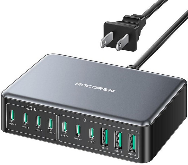 480W USB C 충전기 블록 Rocoren 10포트 충전 스테이션 여러 장치용 PD 100W 타입 c 간 고속 스테이션 멀티 USBC 허브 노트북 맥북 HP 아이패드, 블랙