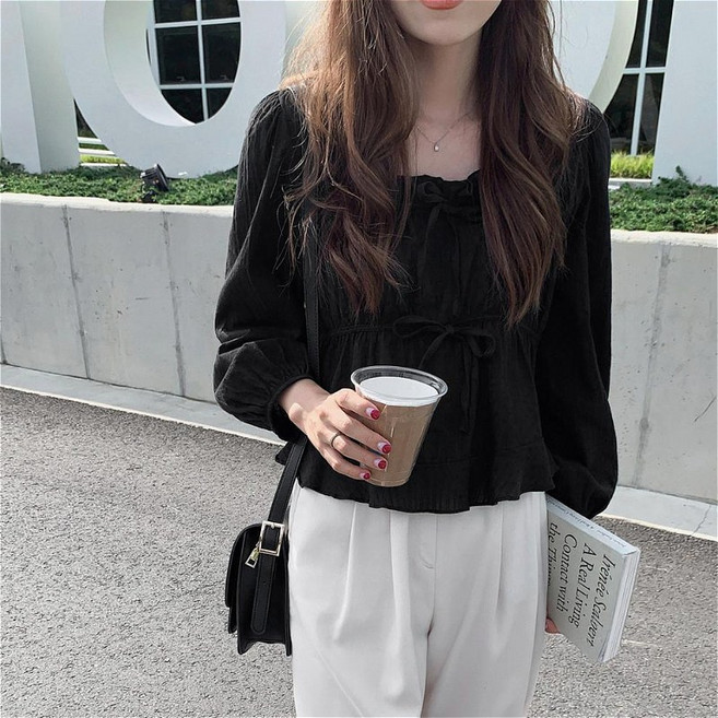 SAHINER 봄가을 여성 루즈핏 스트링 긴팔 블라우스 LJACS63