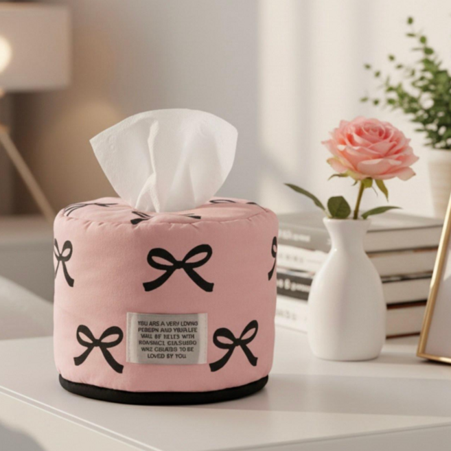 벨노아 리본 홈데코 인테리어 오브제 패브릭 두루마리 휴지 케이스, 핑크, 1개