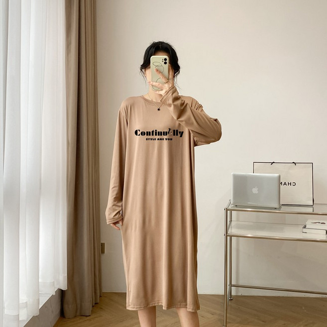 스타일아유 여성 빅사이즈(66~99) 오버핏 홈웨어 긴팔 레터링 롱원피스 롱티 OP1555