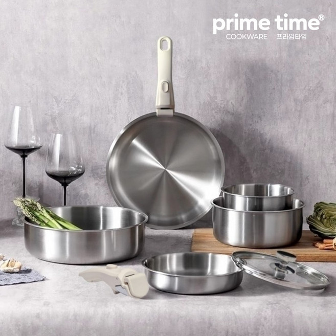 프라임타임 인덕션 멀티핸들 스텐 냄비 프라이팬 세트, 1세트, 20cm냄비+유리뚜껑+26m프라이팬+멀티핸들, 스테인리스