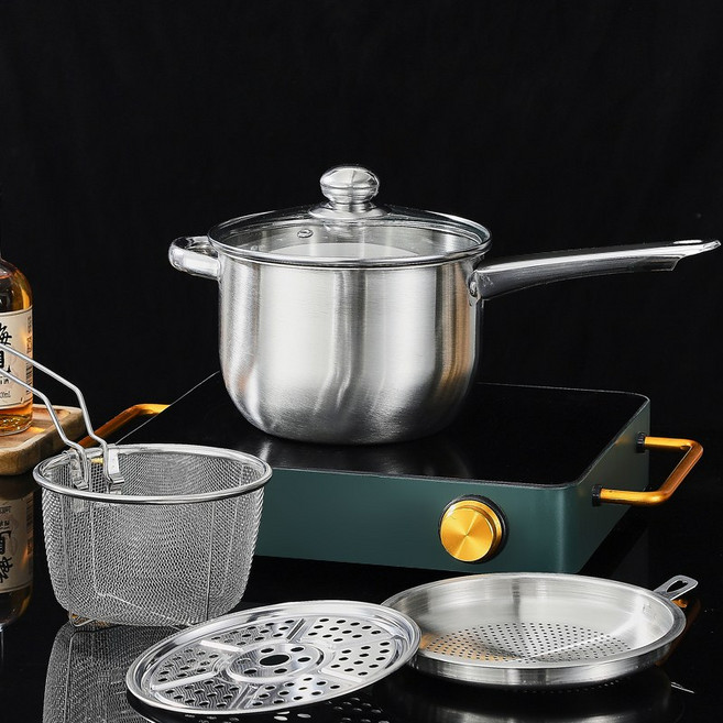 호밍사이 316 스테인리스 5in1 멀티 냄비 세트 튀김/조림 가능 인덕션 호환, 1개, 냄비 + 뚜껑 + 튀김망 + 찜판 + 거름망, 은색