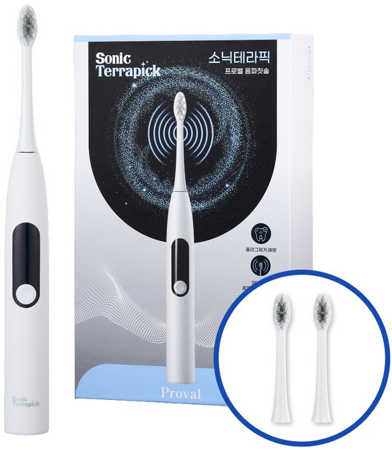 프로벨 음파전동칫솔 저자극 저소음 무선 3단계모드 +칫솔모2개+프로벨본사보증서, 1개, 화이트, 소닉테라픽