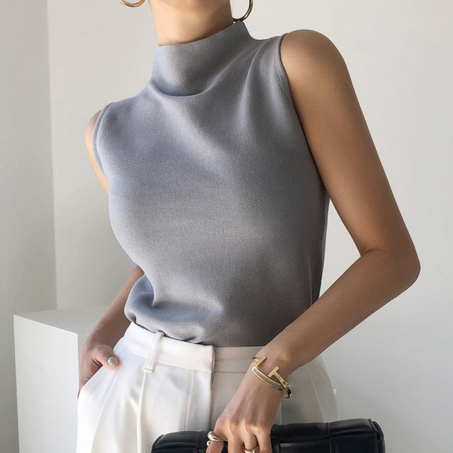 예쁨시전 모던시크 하이넥 슬리브리스 민소매 니트 탑