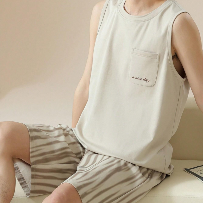 캐주얼 베이직 민소매 남성 탱크톱과 스트라이프 반바지 홈웨어 파자마 세트 2 피스