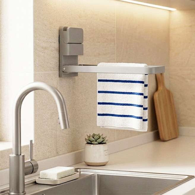 캄핏 틈새수납 진공흡착 무타공 접이식 행주걸이, 1개, 그레이