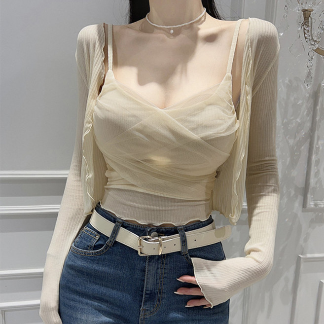 라라홀리 샤벳 크로스 쉬폰 나시탑 가디건 세트