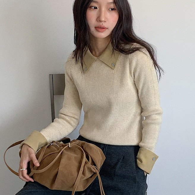 타니즈 투인 배색 카라 긴팔 여성 니트
