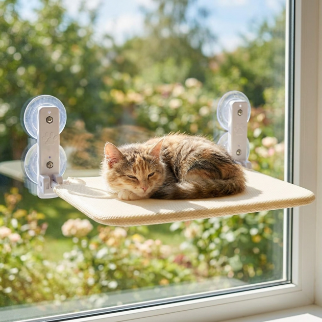 씨티엔 고양이 창문 해먹 캣타워 창틀 침대 무타공 흡착형, 1개, 베이지