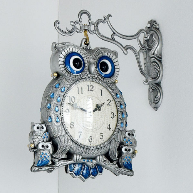 로얄타임 드롭 엔틱 부엉이 양면 벽시계, 골드