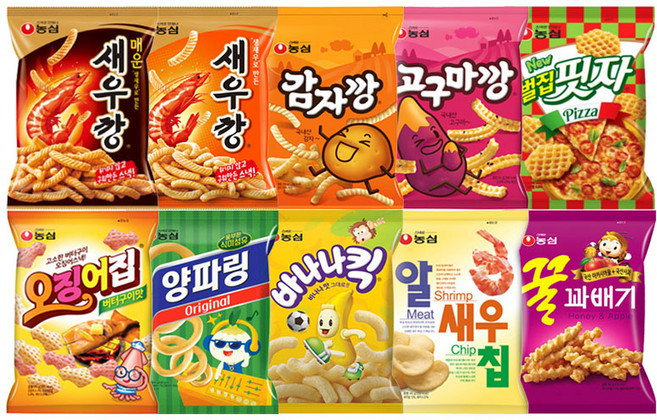 농심과자10종_새우깡+매운새우깡+고구마깡+감자깡+바나나킥+꿀꽈배기+오징어집+양파링+알새우칩+벌집핏자, 1세트