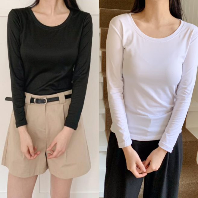 일월전빵 [당일배송] 2P 여성 데일리 슬림핏 이너 레이어드 긴팔티 긴팔티셔츠 간절기 봄 가을 기본티 B-C025-2