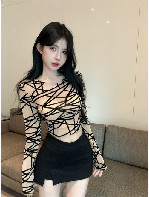 COSYEVNO 여성용 스웨터 가을 빈티지 패션 프린트 섹시 망사 시스루 슬림 크롭 긴팔 티셔츠 CXJnd-47