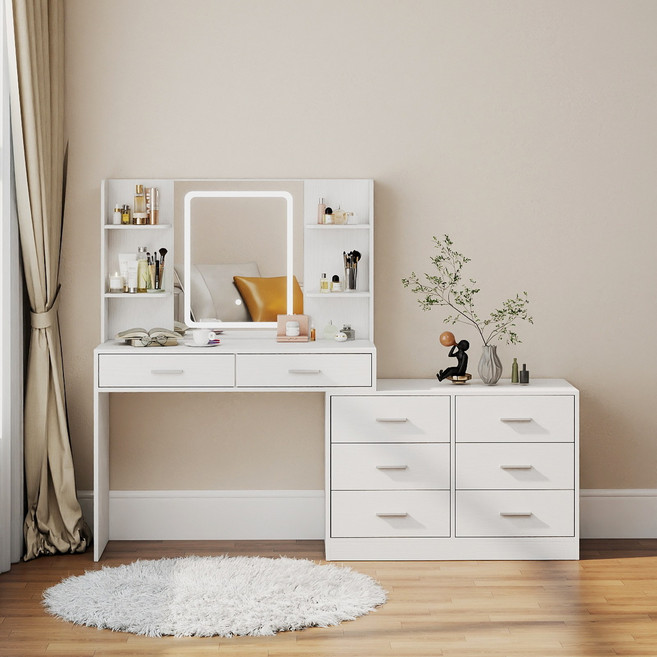 OURLIVE LED 확장형 수납 8단 화장대 세트 방문설치, 화이트