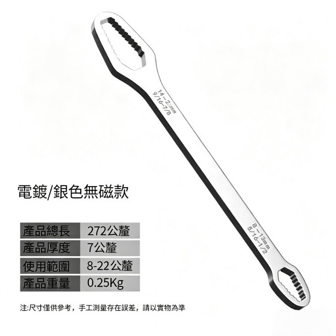 萬用雙頭棘輪扳手 鉻釩鋼材質 適用多尺寸螺母, 限時優惠  自緊扳手8-22mm白, 1個