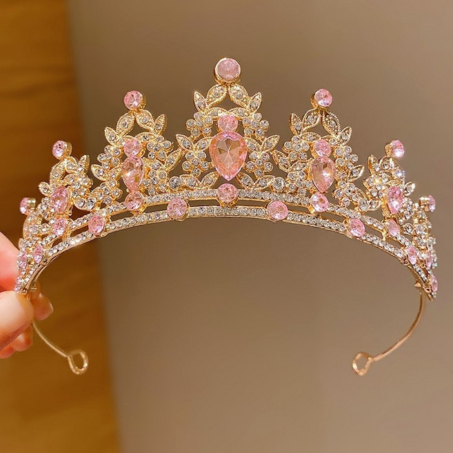 아루즈 티아라 왕관 공주 머리띠 헤어 신부 여아 학예회 셀프 장식 드레스 핑크, 핑크 다이아 깃털 왕관 골드