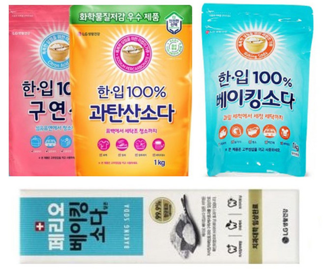생활용품 4종세트 베이킹소다1kg+ 과탄산소다 1g+ 구연산 1kg+ 베이킹소다 치약 낱개 1개, 1L
