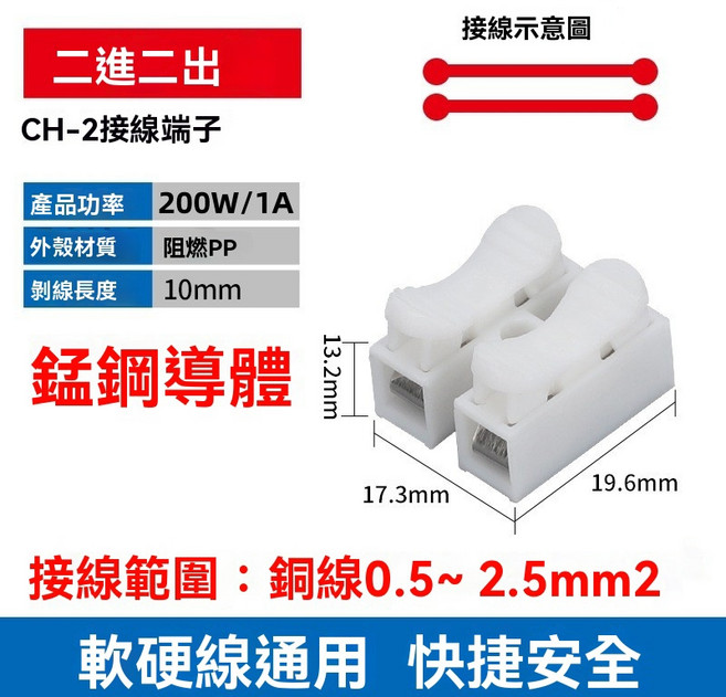 CH-2 按壓式接線端子, 1個, 二進二出(不鏽鋼彈簧片)