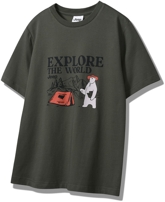 Jeep 남녀공용 정사이즈 캠핑 베어 프린트 반팔티 라운드 반팔티셔츠