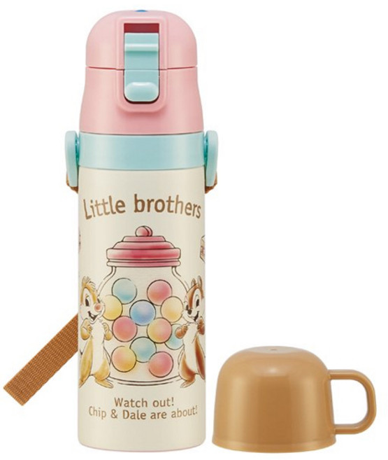 스케이터 캐릭터 스텐 원터치 어깨끈 보냉 물통 + 머그컵 뚜껑, 1개, 470ml, 칩과데일