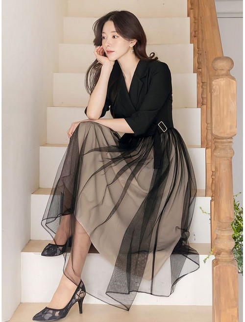 시크라인 로메디 배색 샤 원피스 빅사이즈 오피스룩 하객룩