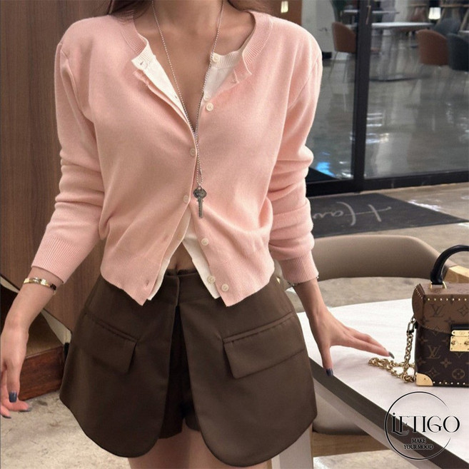 레티고 봄 간절기 여리 개강룩 페이크 투피스 크롭 니트 가디건