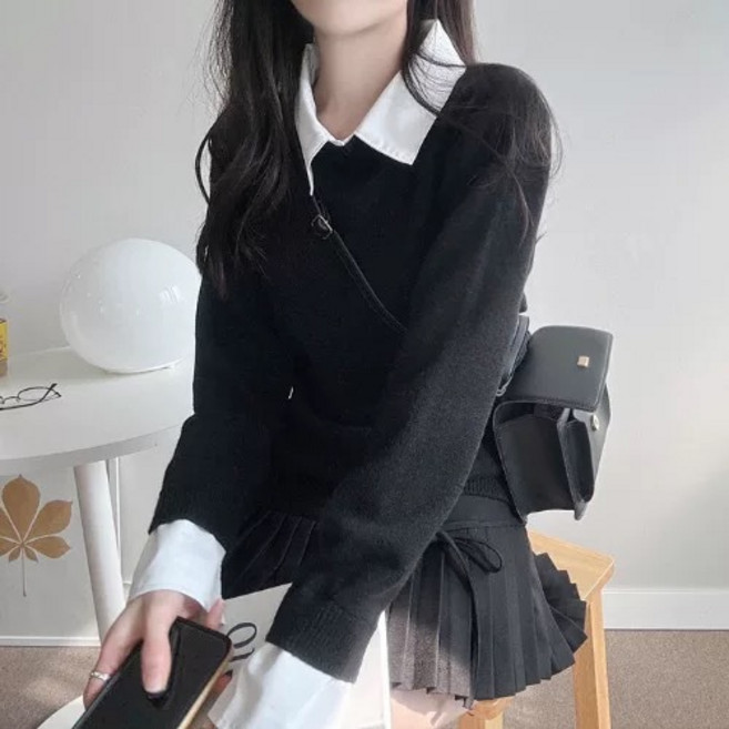 야오야오 여성용 부드러운 카라 니트 투인원