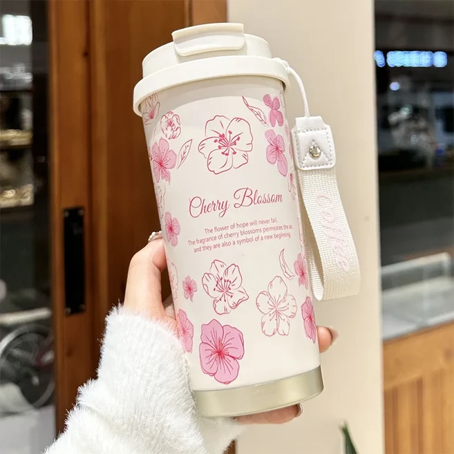 5D 인쇄 꽃 스테인레스 스틸 보온병 머그잔 휴대용 듀얼 음료 커피 자동차 밀짚 물 컵, 01 500 530ml, 06 Cherry blossom white