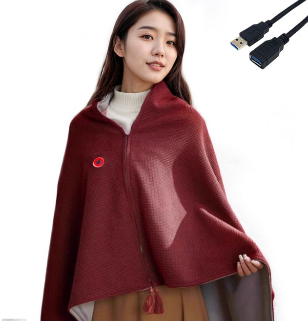 스마일 9구역 발열 무선 USB 전기 온열 담요 캠핑 다용도+1m 연장선 150*80cm, 레드