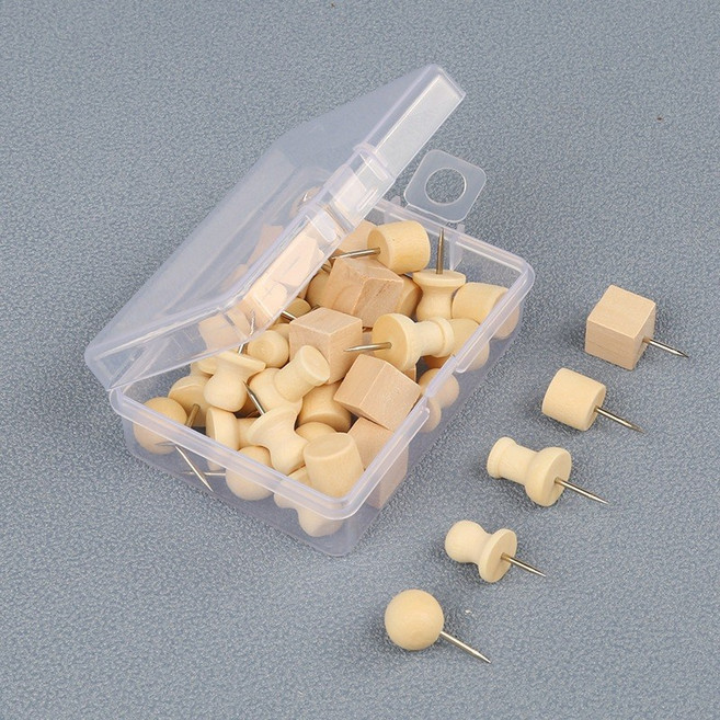 原木圖釘組 附收納盒 適用於軟木板與毛氈板, 1個, 40個釘套装