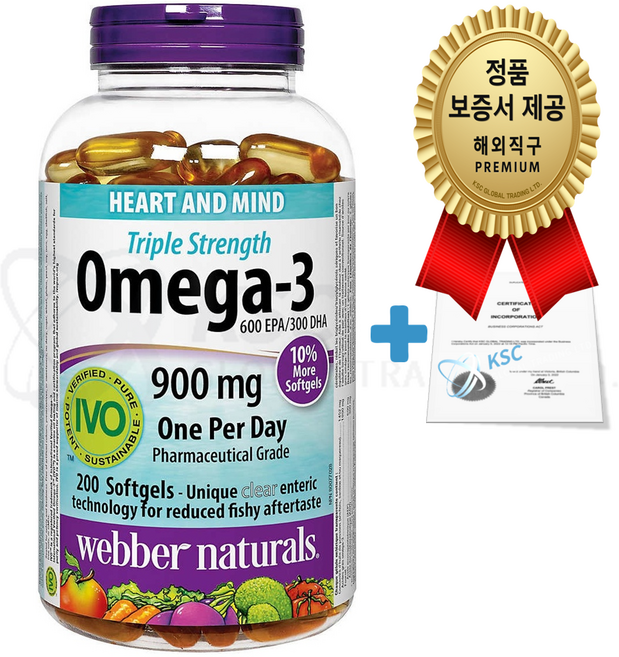웨버네추럴스 RTG 오메가3 900mg 200정+정품증명서 BC#1341350 캐나다 직배송, 1개, 200정