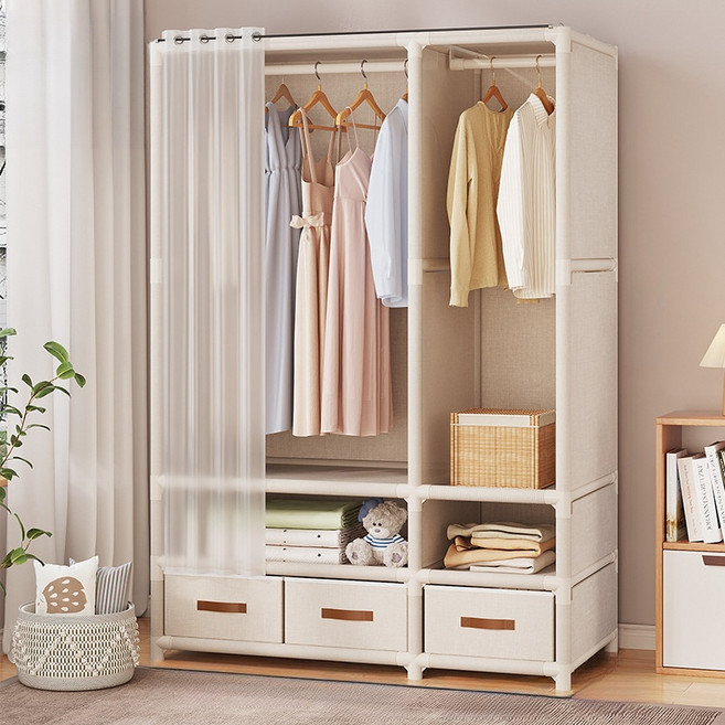 몬테리아 조립식 커튼 스텐드 행거 무볼트 가벼운 수납 옷장 선반형 비키니옷장 G518-048, 흰색