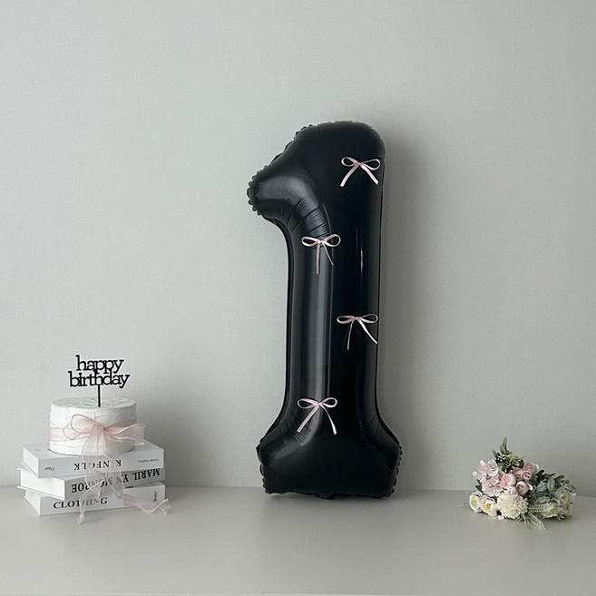 연지마켓 블랙 대형 숫자 풍선 리본 기념일 생일, 1개, 핑크리본 + 블랙숫자 1