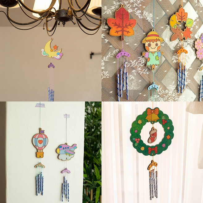 [바이위즈] 나무 풍경 튜브벨 만들기 우드 DIY 공예 색칠 놀이 종 돌봄 교실 우드 공예 어린이 인테리어 소품 현관 문, 튜브벨(한복)+스티커선물