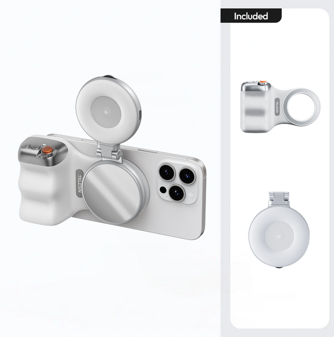 텔레신 맥세이프 스마트폰 촬영 셔터 그립 LED 조명 키트 (MP-001 화이트 + S5-BGD-01 실버), 1개, 화이트 + 실버