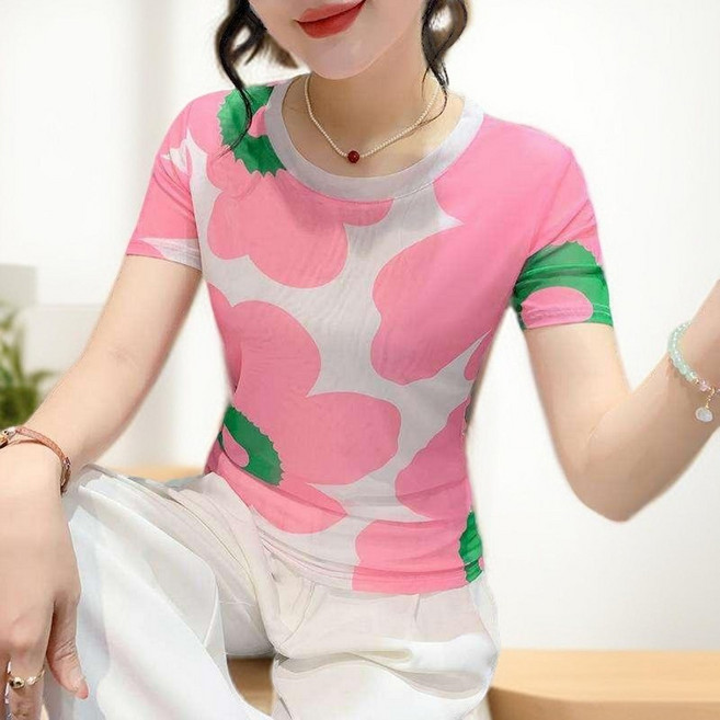 시우리치 꽃무늬 라인댄스 상의 스판 메쉬 반팔 티셔츠