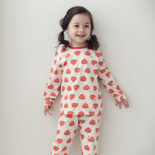 잼베이비 고무줄 9부 상하 실내복 세트 (딸기미소 다홍) 오가닉 코튼 30수 편면 봄 가을잠옷 내의