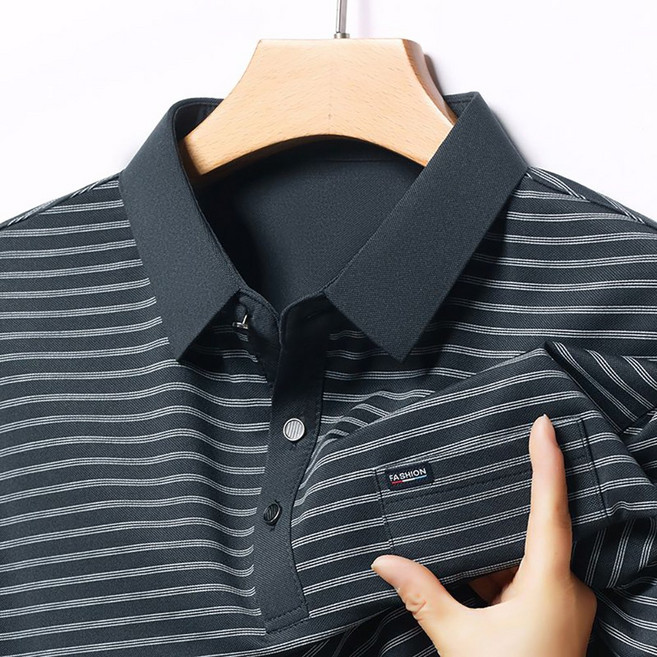 MOSAIRATION 남성 여름 스트라이프 통기성 넉넉한 중년 아버지용 데일리 반팔 티셔츠 B0043008