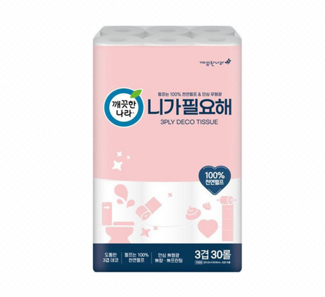 깨끗한나라 3겹 니가필요해 30롤 x 1팩 100%천연펄프 5무(무색 무형광 무향 무포름알데히드 무프린팅)